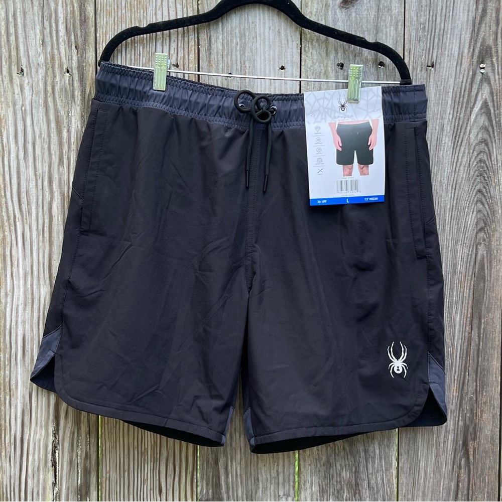 NWT Spyder Swim Trunks Board Shorts Lined Zip Pocket Black Sz Large
